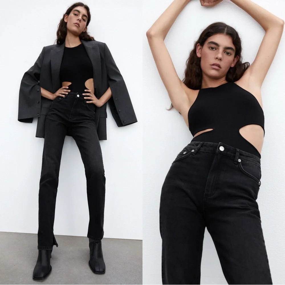 Zara Split Hem Slim Jeans Black High-Rise Full Length Straight Leg Size 6 - Picture 2 of 16
